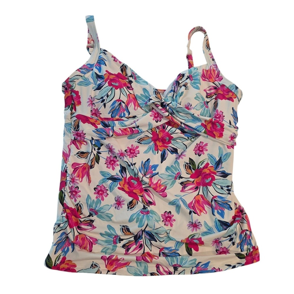 Lands' End Womens Tankini Top White Floral Twist Underwire Ruched XL 18